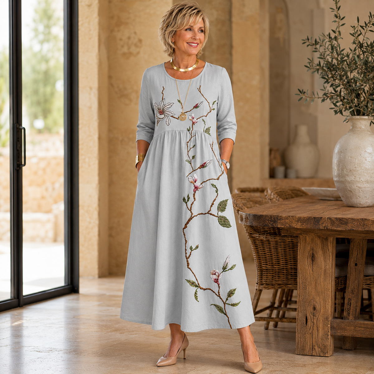Silver Meadow Blossom Pocket Midi Dress