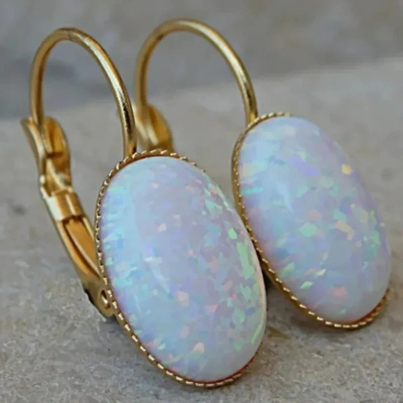 Vintage White Opal Gold Earrings – Iridescent Drop Design