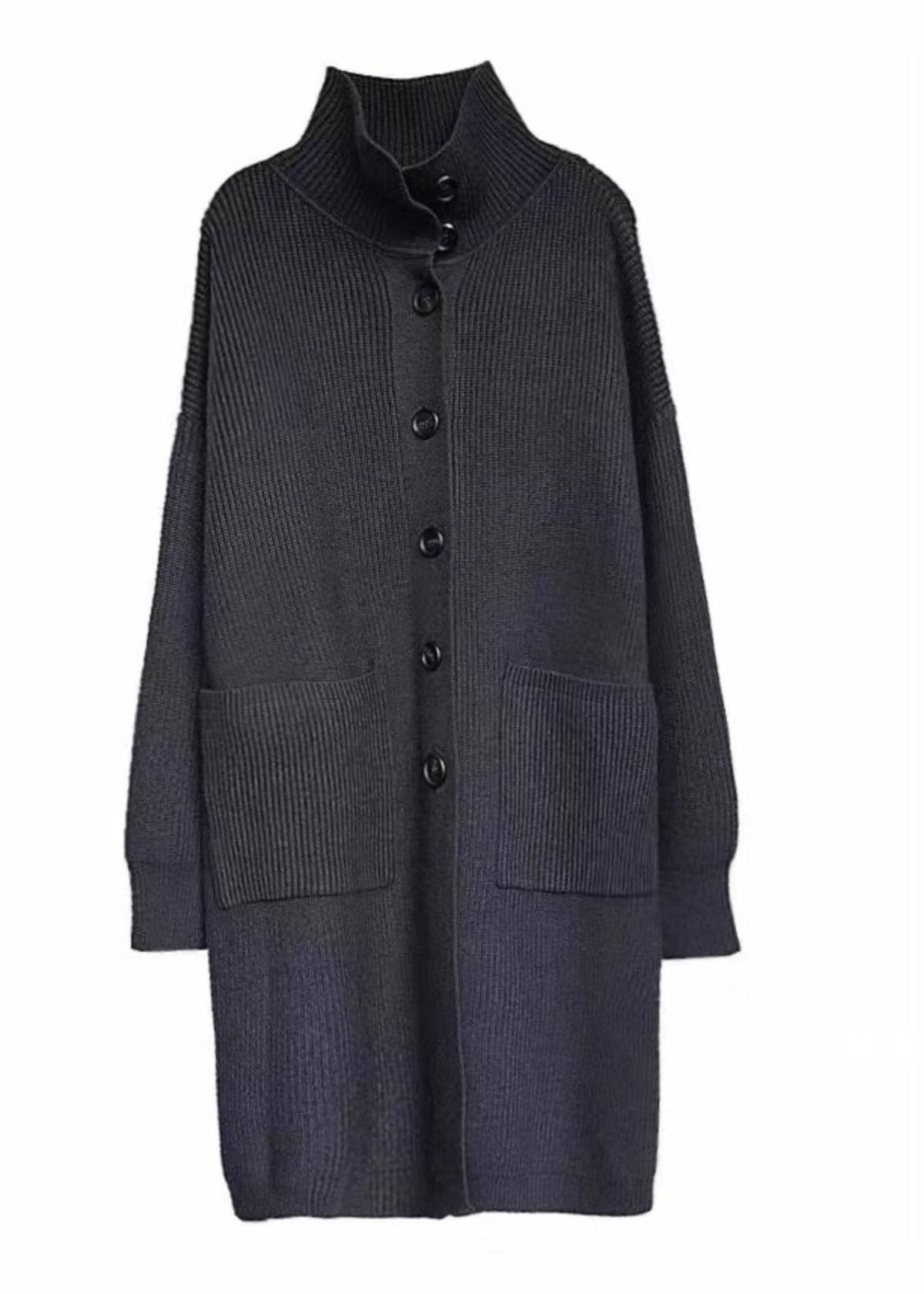 Grey Turtleneck Pockets Button Cozy Cotton Knit Sweaters Coats Long Sleeve