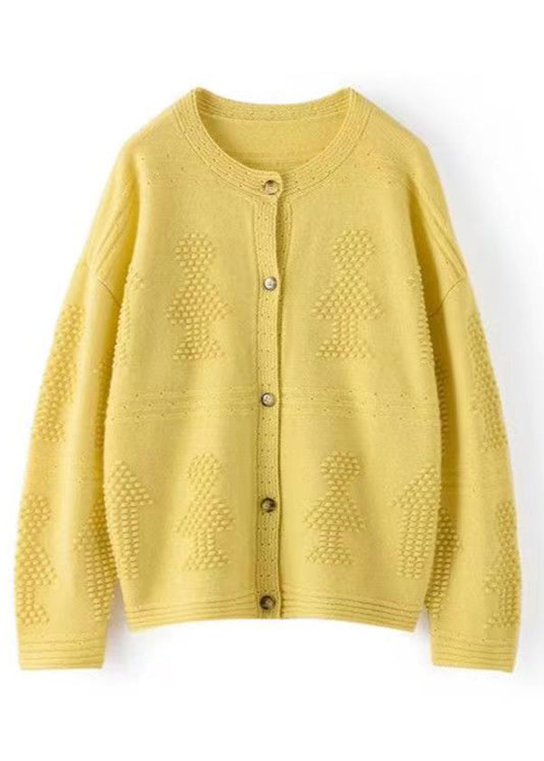 Loose Yellow Button Hollow Out Cotton Knit Coats Long Sleeve