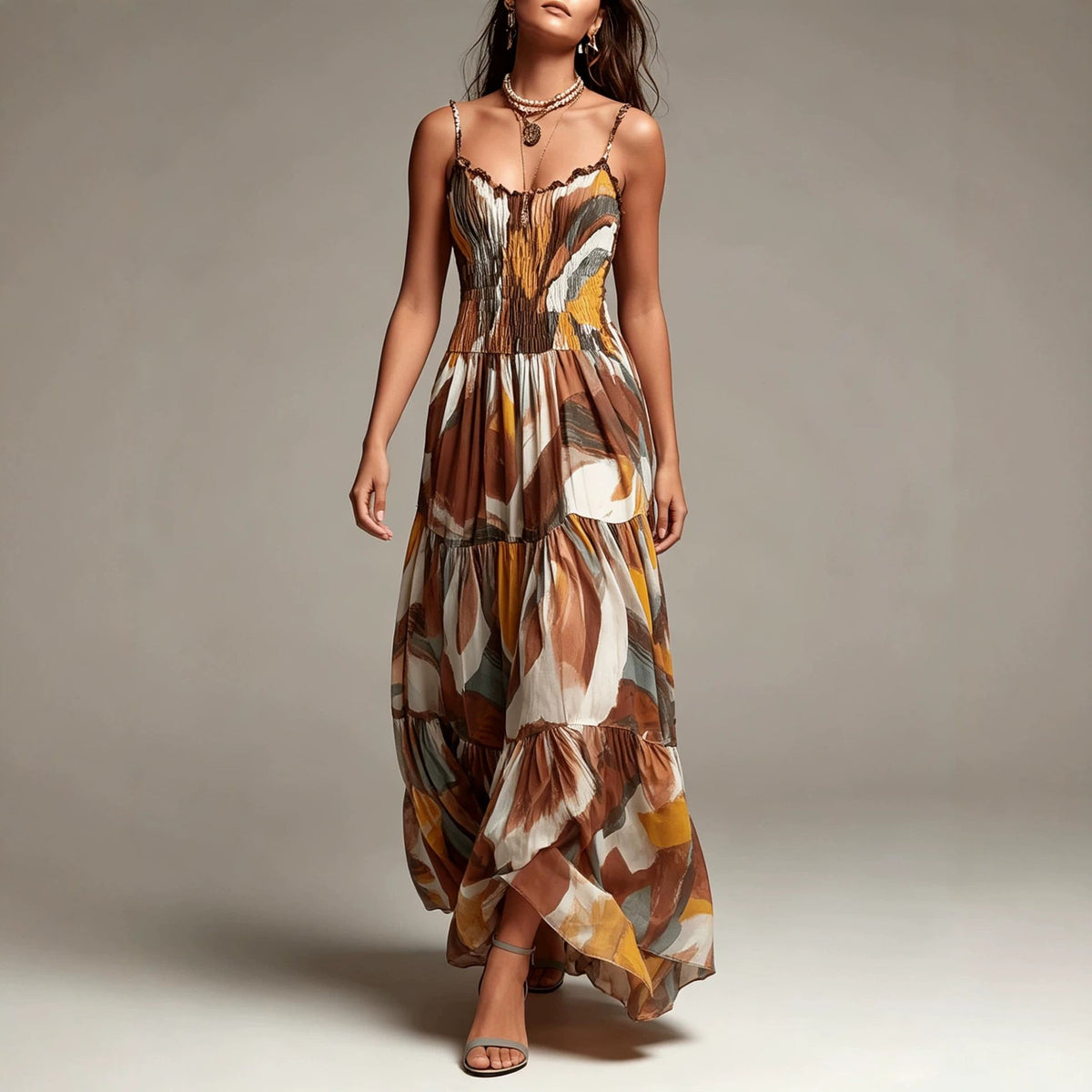 Abstract Print Maxi Dress Tiered — Occasion Wear | Smocked