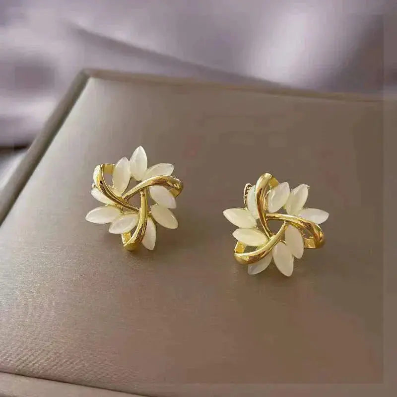 White Opal Drop Earrings – Enamel Detail in Gold Tone