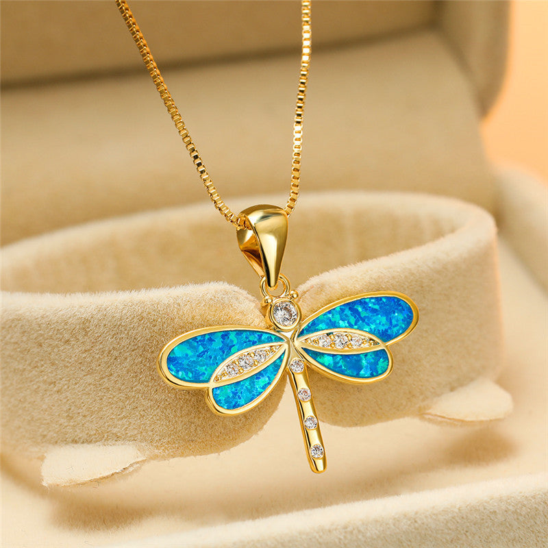 Dragonfly Opal Necklace – Gold Pendant in White or Blue