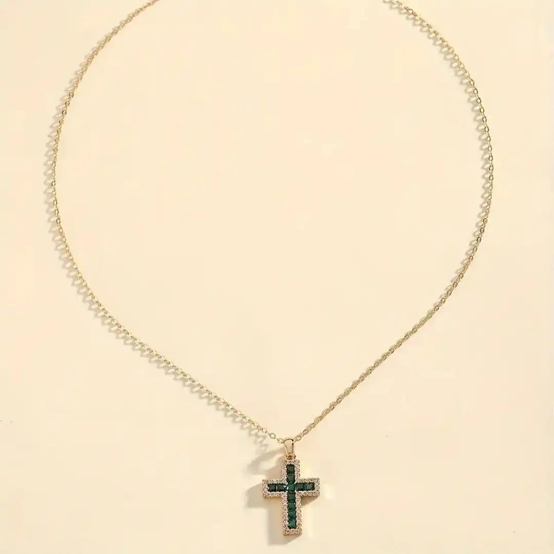 Emerald Cross Pendant Necklace – Gold Plated Adjustable Chain