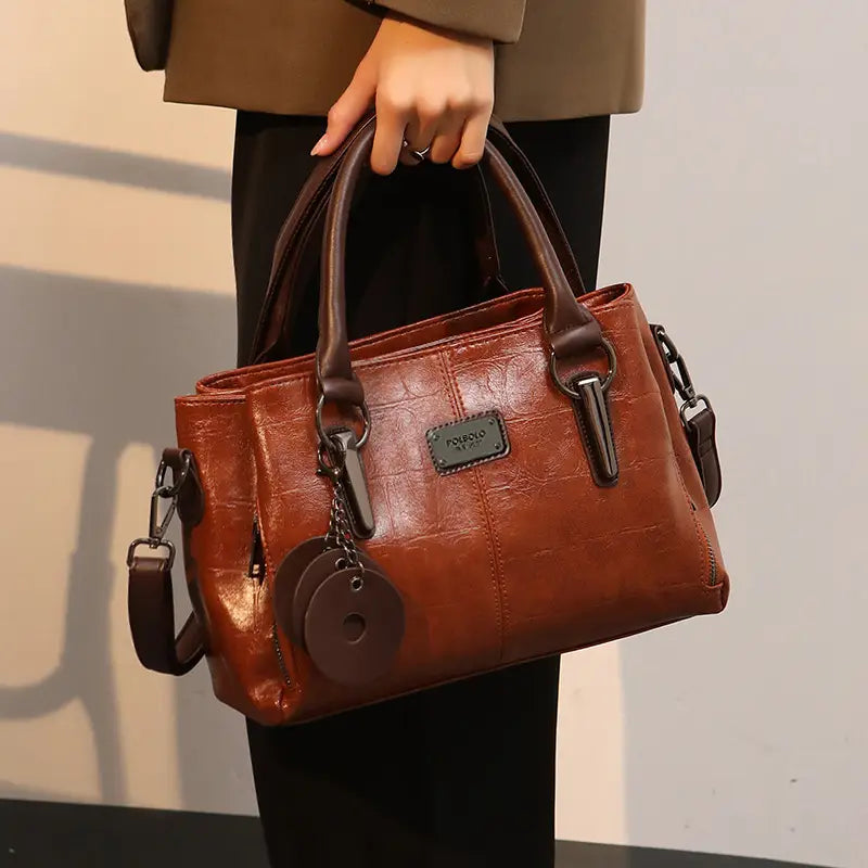 Genuine Leather Boston Bag for Women – Croc-Effect Vintage Handbag