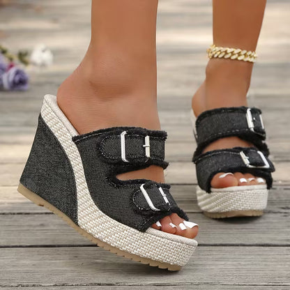 Elara Denim Wedge Sandals