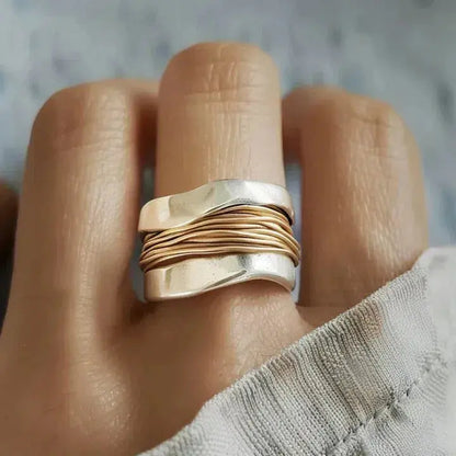 Woven Gold Thread Silver Ring – Two-Tone Band, Sizes 5 to 11
