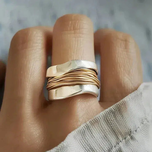 Woven Gold Thread Silver Ring – Two-Tone Band, Sizes 5 to 11