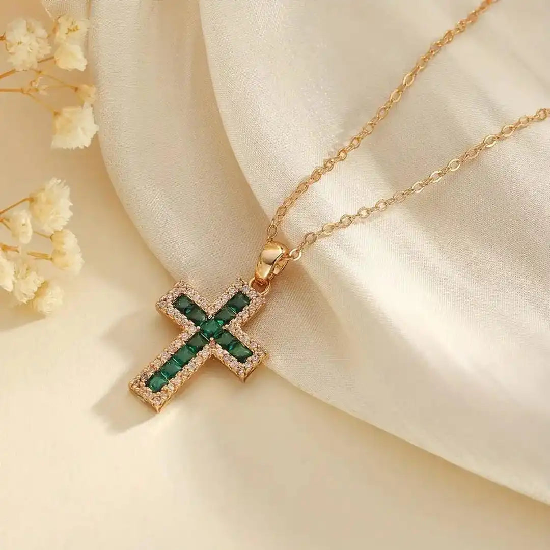 Emerald Cross Pendant Necklace – Gold Plated Adjustable Chain