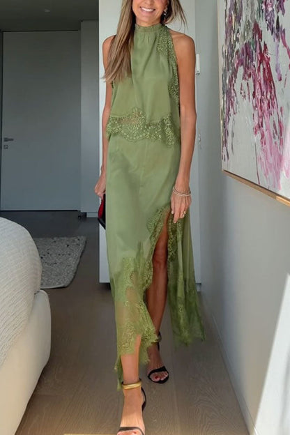Marigold Lace Pleated Top + Irregular Slit Skirt Set