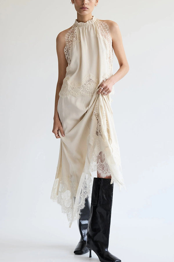 Marigold Lace Pleated Top + Irregular Slit Skirt Set