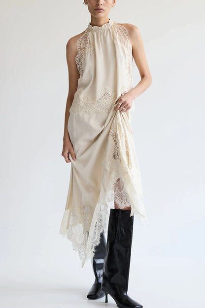 Marigold Lace Pleated Top + Irregular Slit Skirt Set