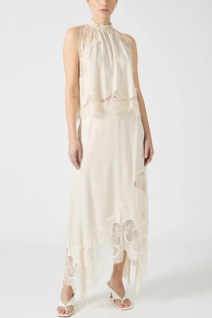 Marigold Lace Pleated Top + Irregular Slit Skirt Set