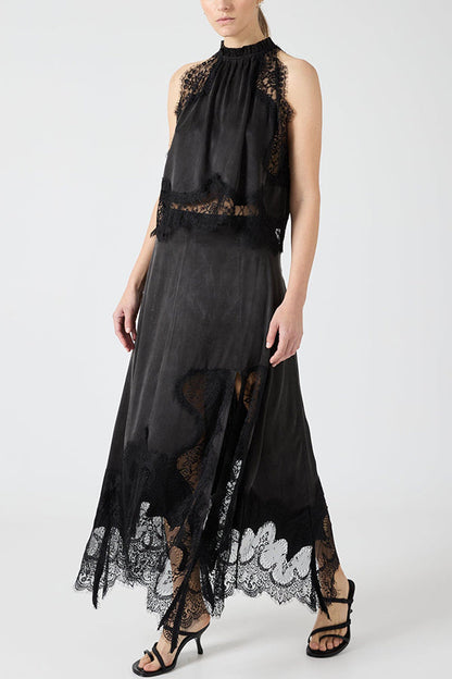 Marigold Lace Pleated Top + Irregular Slit Skirt Set