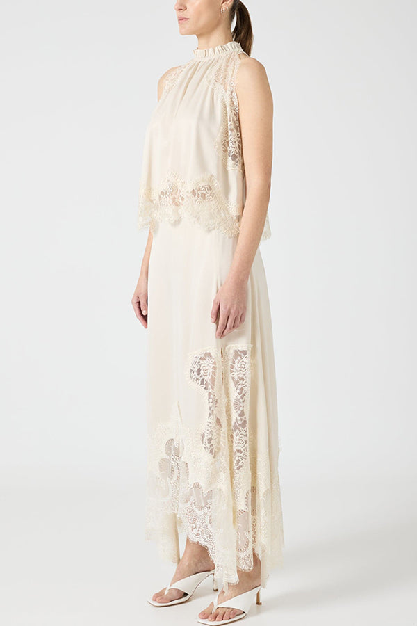 Marigold Lace Pleated Top + Irregular Slit Skirt Set