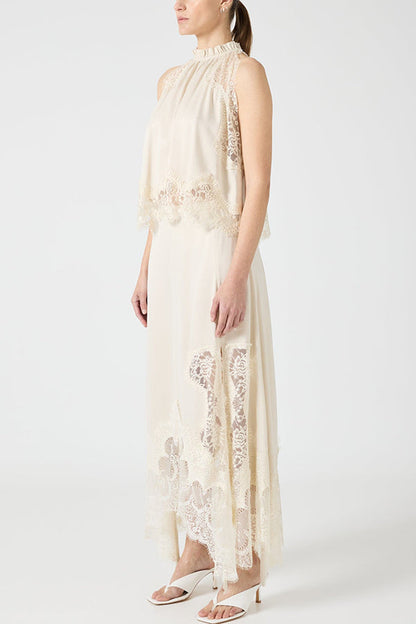 Marigold Lace Pleated Top + Irregular Slit Skirt Set