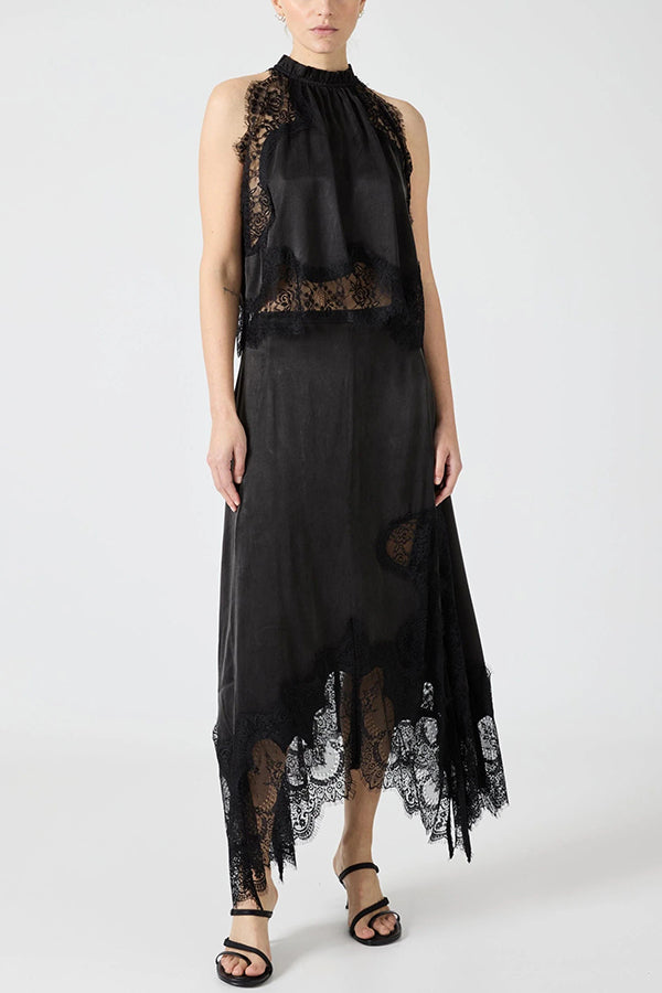 Marigold Lace Pleated Top + Irregular Slit Skirt Set