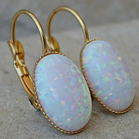 Vintage White Opal Gold Earrings – Iridescent Drop Design