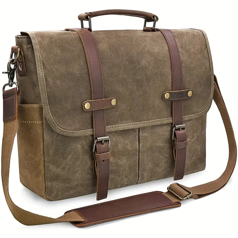 Waterproof Canvas & Genuine Leather Shoulder Bag – Men's 15" Laptop Messenger Bag | Brett