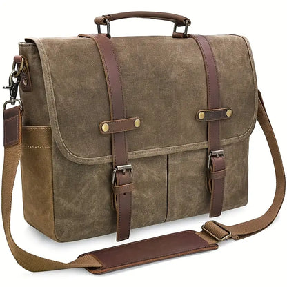 Waterproof Canvas & Genuine Leather Shoulder Bag – Men's 15" Laptop Messenger Bag | Brett