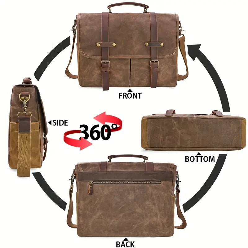 Waterproof Canvas & Genuine Leather Shoulder Bag – Men's 15" Laptop Messenger Bag | Brett