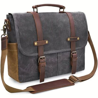 Waterproof Canvas & Genuine Leather Shoulder Bag – Men's 15" Laptop Messenger Bag | Brett
