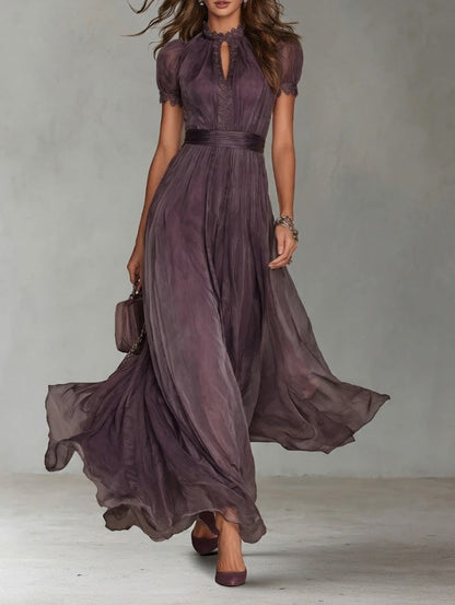 Flavia - Long Purple Dress with Drop Neckline and Chiffon Lace Trim