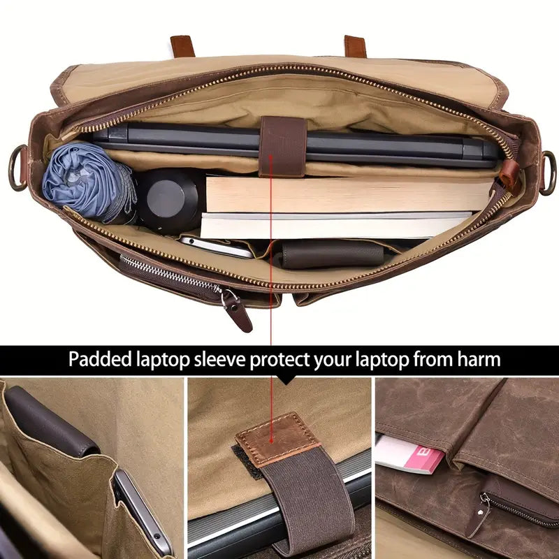 Waterproof Canvas & Genuine Leather Shoulder Bag – Men's 15" Laptop Messenger Bag | Brett