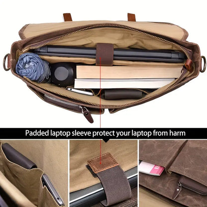 Waterproof Canvas & Genuine Leather Shoulder Bag – Men's 15" Laptop Messenger Bag | Brett