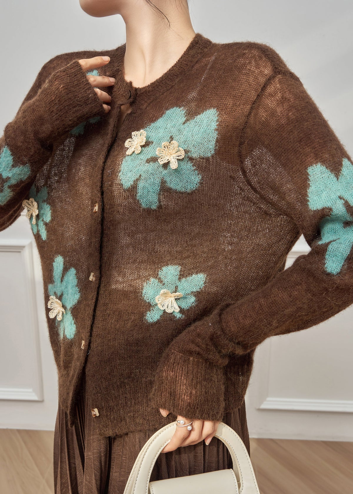 Boho Coffee O-Neck Patchwork Button Cotton Knit Cardigan Spring