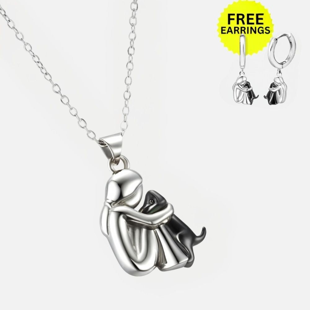 Dog Hug Pendant Necklace with Matching Earrings – Sterling Silver Set