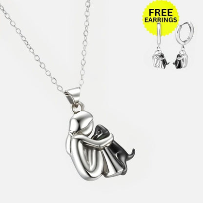 Dog Hug Pendant Necklace with Matching Earrings – Sterling Silver Set
