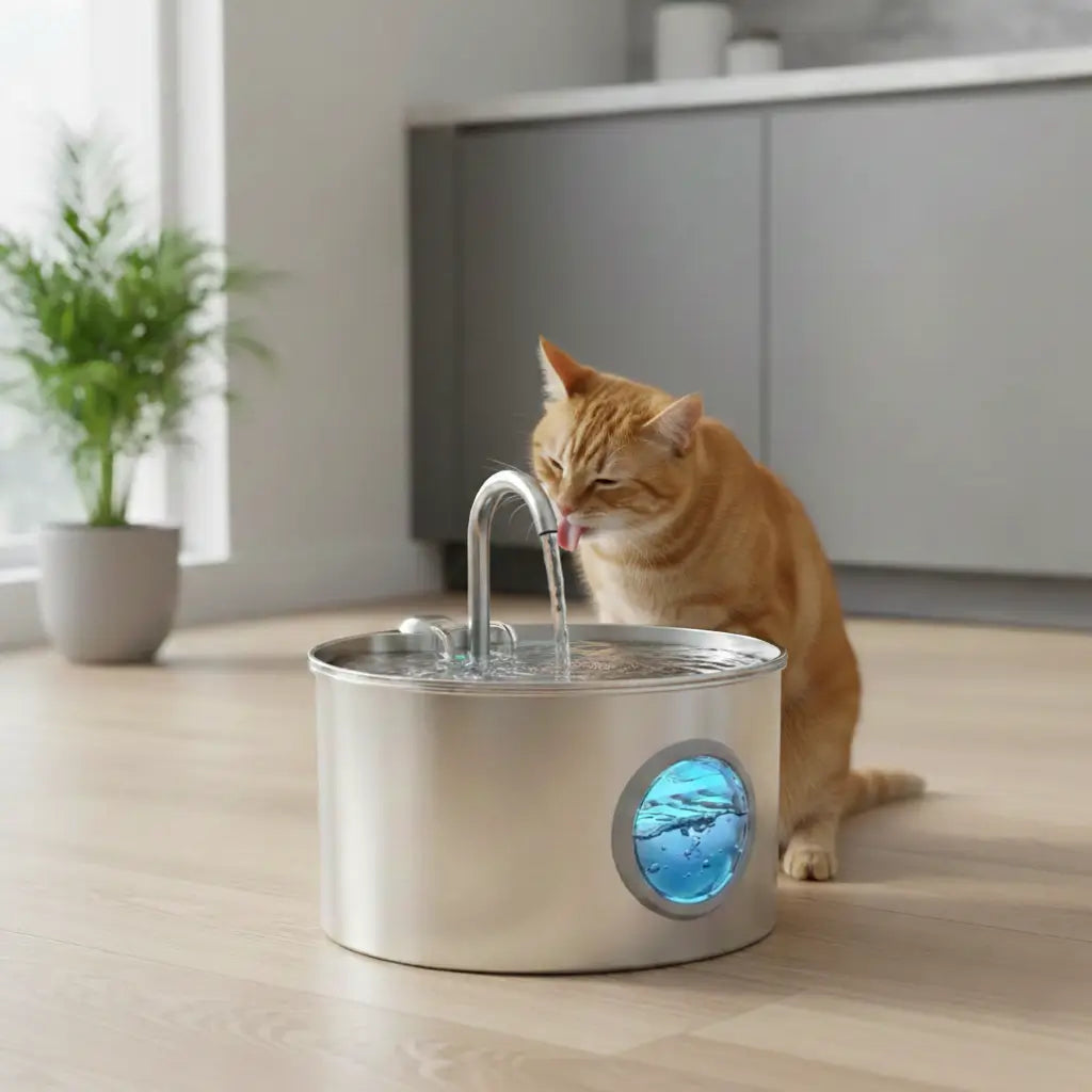 Cat drinking from stainless steel cat water fountain in a bright living room