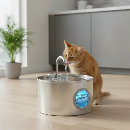 Cat drinking from stainless steel cat water fountain in a bright living room