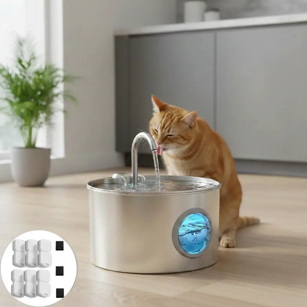 Cat using filtered water fountain with 4-layer replacement filters in modern kitchen