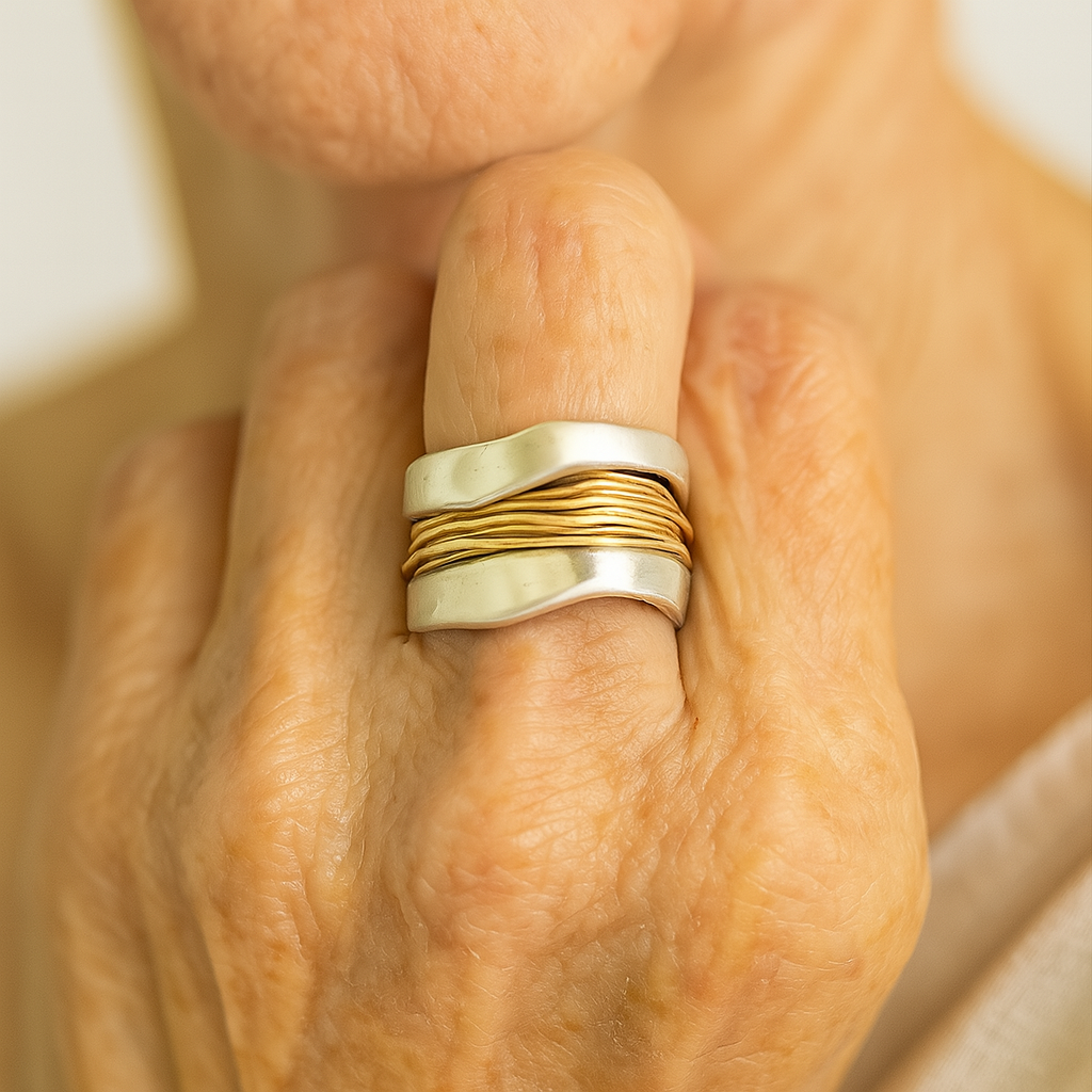 Woven Gold Thread Silver Ring – Two-Tone Band, Sizes 5 to 11
