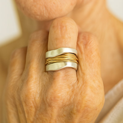 Woven Gold Thread Silver Ring – Two-Tone Band, Sizes 5 to 11