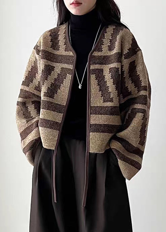 Coffee Cotton Knit Cardigan V Neck Long Sleeve