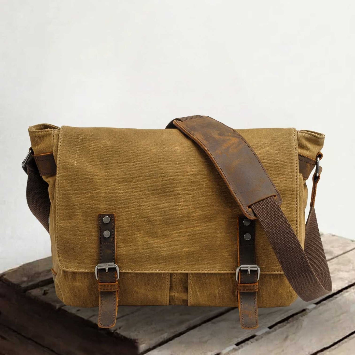 Waxed Canvas & Genuine Leather Messenger Bag – Men's Crossbody Shoulder Bag | Joshua