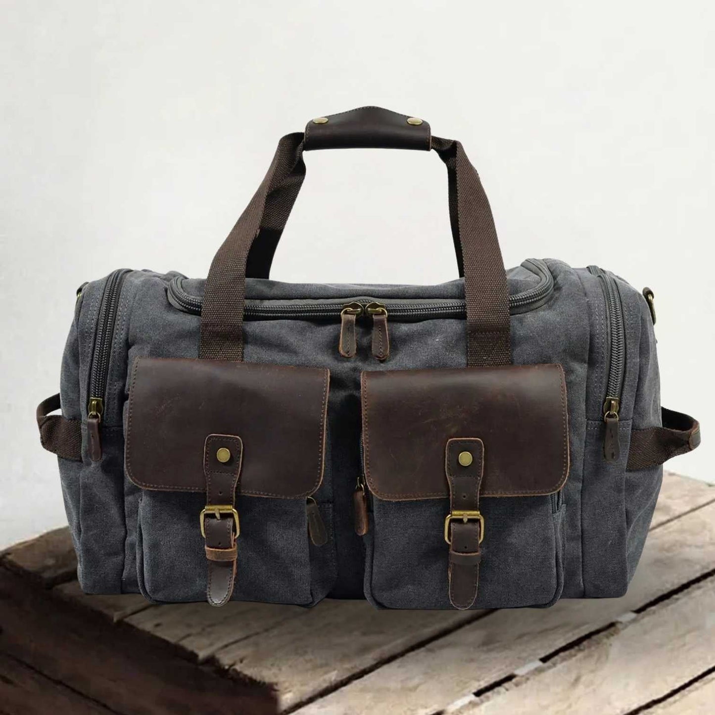Waxed Canvas & Genuine Leather Duffle Bag – Men's Weekender Travel Bag