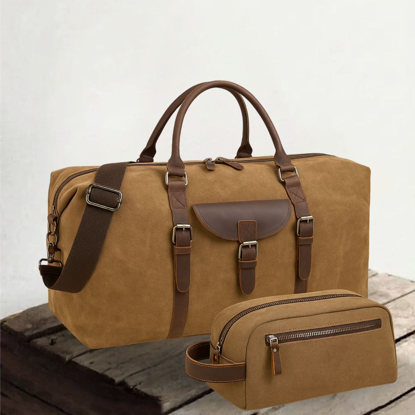Genuine Leather Weekend Travel Bag – Vintage Holdall with Toiletry Bag