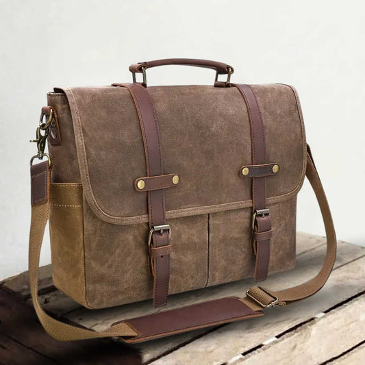 Waterproof Canvas & Genuine Leather Shoulder Bag – Men's 15" Laptop Messenger Bag | Brett