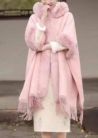 Fashion Pink Fur Collar Tassel Hooded Woolen Coat Spring