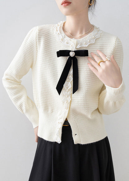 Fine White Bow Nail Bead Knit Loose Coat Winter