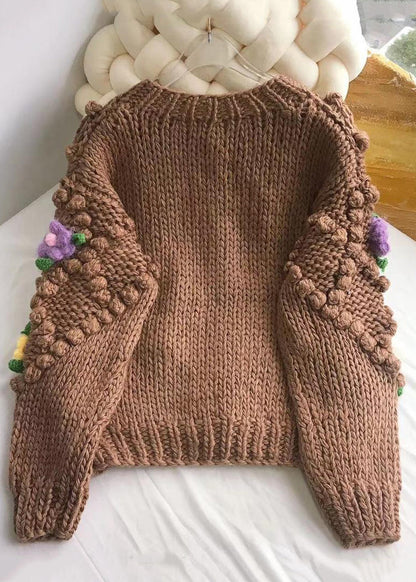 Floral Brown Button Cozy Patchwork Cotton Knit Coats Spring