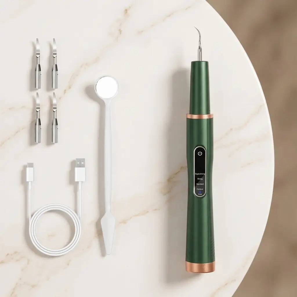 Green pet teeth cleaning kit with four cleaning head attachments on marble surface