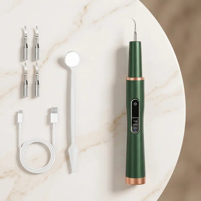Green pet teeth cleaning kit with four cleaning head attachments on marble surface