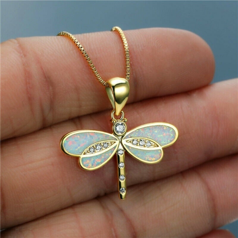 Dragonfly Opal Necklace – Gold Pendant in White or Blue