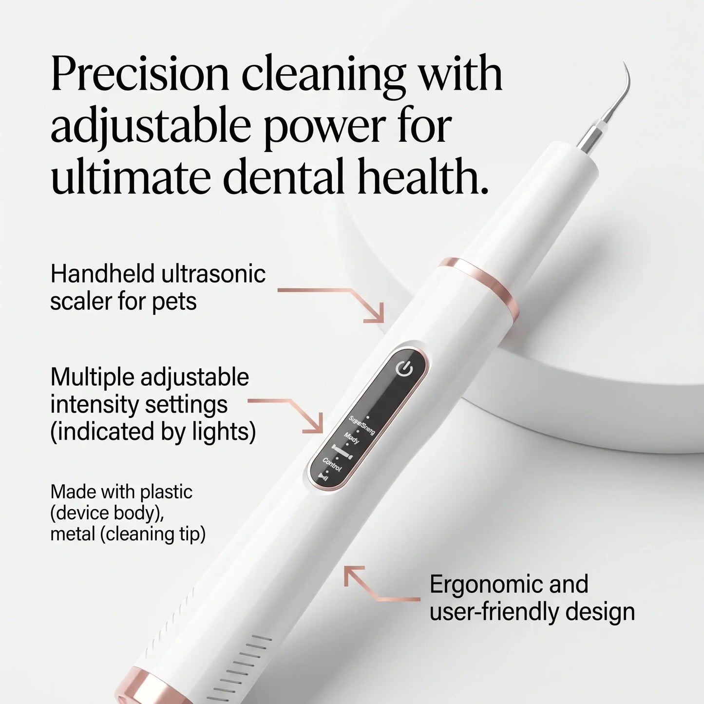 Handheld 42kHz ultrasonic tartar remover for pets with feature highlights
