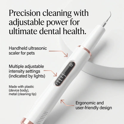 Handheld 42kHz ultrasonic tartar remover for pets with feature highlights